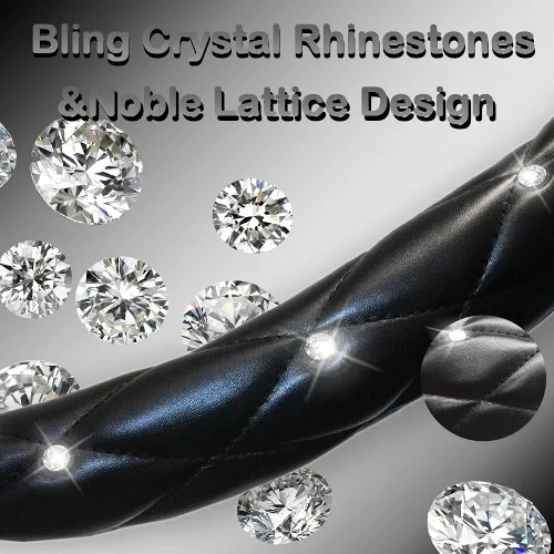Vista 2 de funda de piel para volante, con diamantes de imitación, suave, bonita y antideslizante, para mujeres y niñas, para volantes de 15 pulgadas Negro