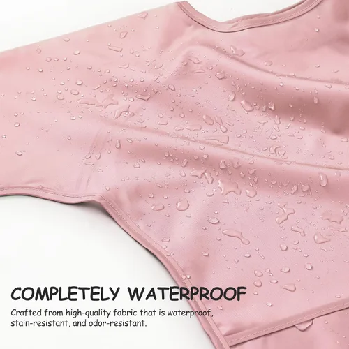 Vista 3 de POIKSHARK Paquete de 4 baberos de manga larga, bata impermeable para bebés de 6 a 30 meses, babero reutilizable con bolsillo para llevar, color rosa