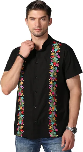 Vista 3 de Camisas mexicanas para hombre, camisas de vestir tradicionales de guayabera para hombre, con botones, cuello de banda, camisa de vestir para fiesta