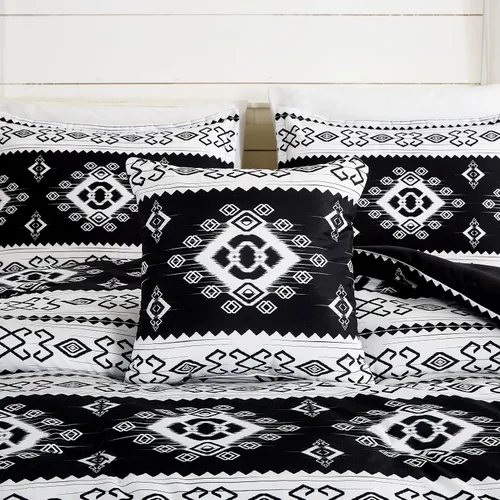 Vista 8 de Chezmoi Collection Indie - Juego de edredón azteca del suroeste de 7 piezas, ropa de cama de microfibra lavada con símbolos geométricos en blanco