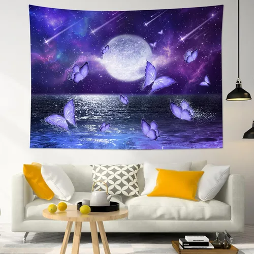 Vista 15 de LB Tapiz pequeño de luna llena sobre océano, tapiz psicodélico de mariposa verde azulado, tapiz de cielo nocturno estrellado y luna y estrellas