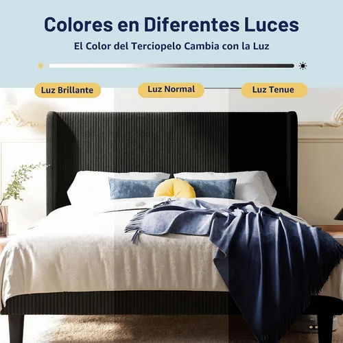Vista 8 de Allewie Marco de cama tamaño completo con cabecera tapizada tipo wingback, cama plataforma de terciopelo de pana con capitoné de canales verticales