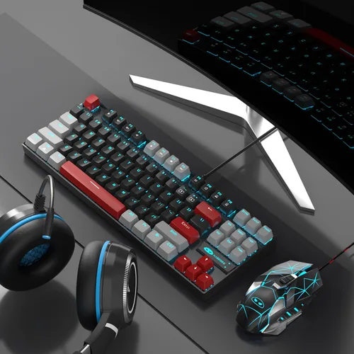 Vista 8 de MageGee - Teclado mecánico para juegos 75%, con interruptor rojo, retroiluminación LED azul, 87 teclas, teclado compacto TKL con cable