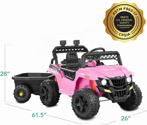 Vista 9 de Best Choice Products Carro Eléctrico Montable UTV de 12V para Niños con Remolque con Control Parental, Luces LED, 2 Velocidades, Bluetooth - Rosa
