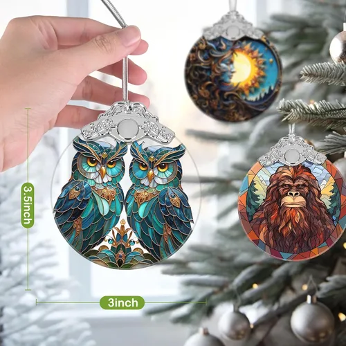 Vista 3 de Adorno de Navidad, Adornos 2025 para Árbol de Navidad, Adorno Colgante de Vidrio Emplomado, Adornos Navideños, Idea de Regalo Única - Un Par de Búhos