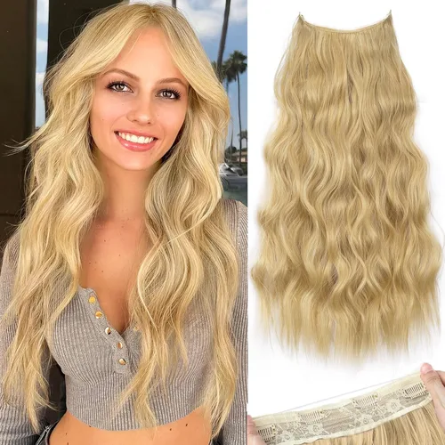 Vista 64 de KooKaStyle - Extensiones de cabello con hilo invisible, diadema transparente, ajustables, 4 clips fijadores, cabello largo y ondulado de 12