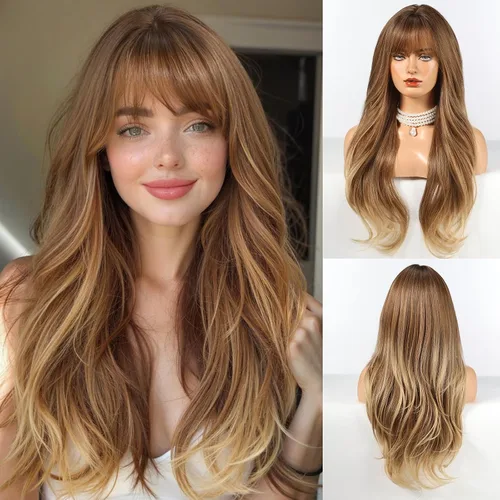 Vista 14 de HAIRCUBE Peluca larga rubia mezclada con marrón con flequillo, pelucas rizadas en capas para mujeres, pelucas sintéticas naturales para uso diario