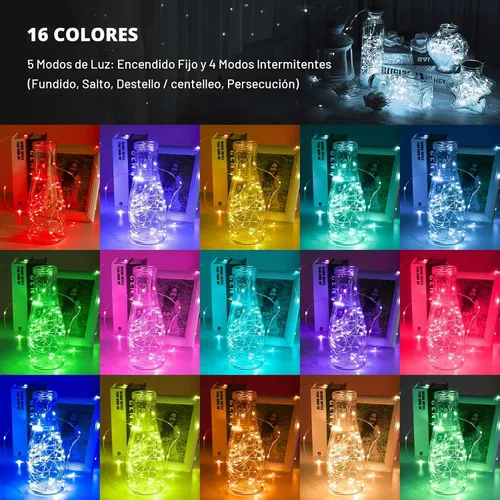 Vista 2 de Guirnalda de luces LED a pilas, 39 pies, 120 luces LED que cambian de color con control remoto, funciona con pilas, alambre de cobre impermeable