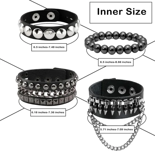 Vista 2 de Eigso Pulseras de cuero punk para hombres y mujeres, estilo retro de los años 80, hematita y rock, juego de pulseras de metal ajustables para hombre