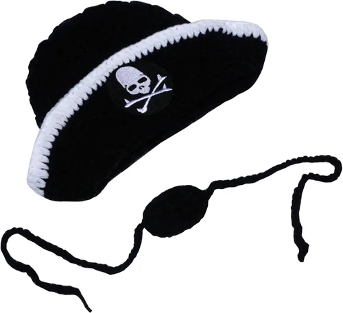Vista 2 de Matissa Disfraz de punto de ganchillo para bebé recién nacido, fotografía fotográfica, sombreros (sombrero de pirata), Negro
