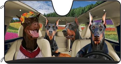 Vista 13 de Parasol para parabrisas delantero de automóvil para perro, caniche de almendra, hermosas flores, decoración para vehículo, reflector de rayos UV