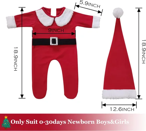 Vista 6 de ForBaysy Accesorios de Fotos de Navidad para Bebé Recién Nacido Traje de Sesión de Fotos para Niños y Niñas Disfraz Mono Rojo con Gorro de Navidad