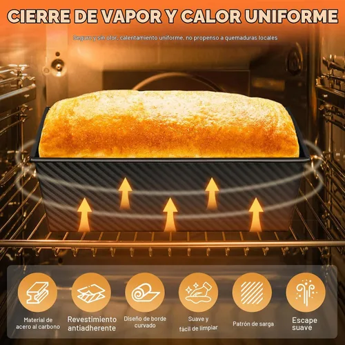 Vista 3 de Paquete de 2 moldes para pan con tapas – Capacidad de masa de 2.2 libras y 1 libra, moldes para pan de acero al carbono antiadherentes para pan