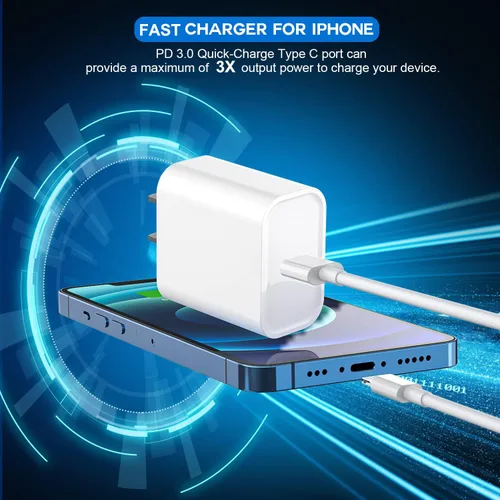 Vista 3 de Cargador de iPhone de 10 pies, bloque de carga rápida iPhone 14, cable USB C a Lightning de carga rápida de 10 pies y bloque de cargador de pared