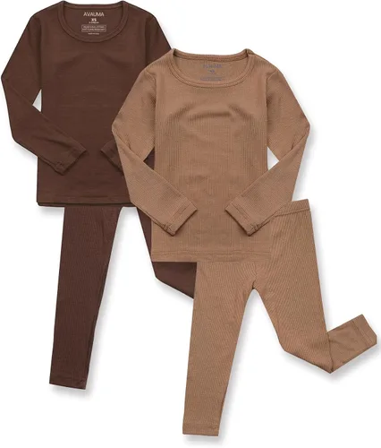 Vista 35 de AVAUMA Conjunto de pijama para bebés, niños y niñas, ajuste ceñido, con nervaduras, ropa de dormir para el estilo de vida diario Negro/Azul