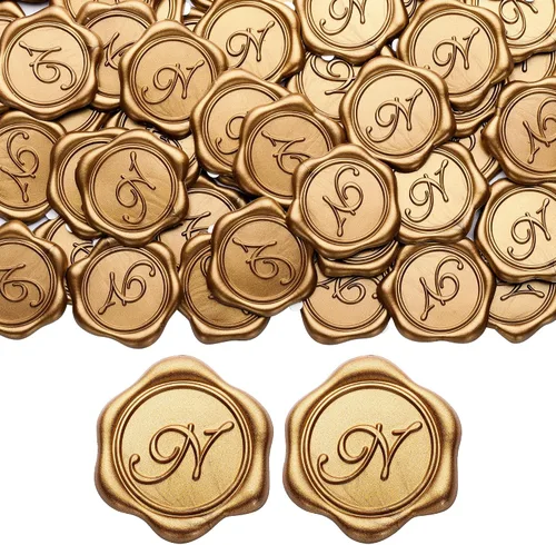 Vista 17 de Yoption - Pegatinas adhesivas de sello de cera con letra inicial A, paquete de 25 pegatinas de sello de cera con letra antigua dorada, sellos