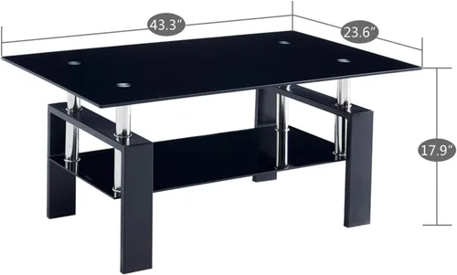 Vista 3 de Mesa de centro rectangular de cristal negro de 43.3 pulgadas, mesa de centro transparente, mesas centrales laterales modernas para sala de estar