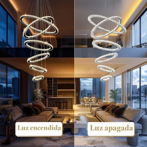 Vista 6 de Siljoy Moderna lámpara de araña de cristal, 6 anillos, lámpara de techo LED con 3 colores, lámpara de techo alto para sala de estar, comedor