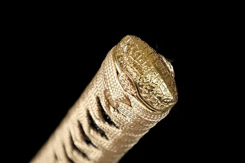Vista 7 de Katana dorada hecha a mano, espada samurái japonesa 1095 de arcilla de acero templada, hoja de afeitar de espiga completa, afilada, regalos para él