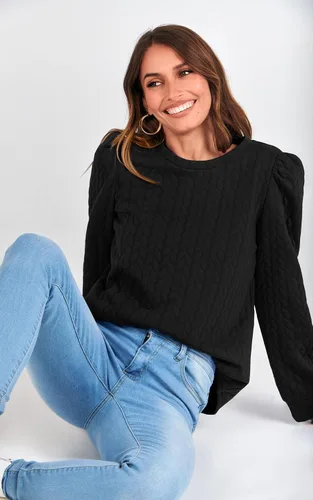 Vista 5 de PRETTYGARDEN Sudaderas de manga abullonada para mujer, para otoño, casual, cuello redondo, textura torcida sólida, sin botones