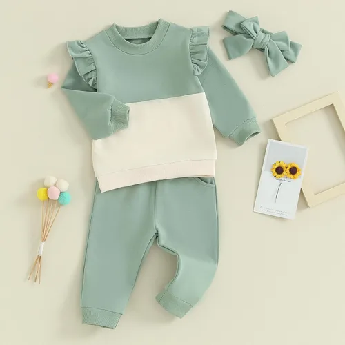 Vista 3 de Conjunto de 3 piezas de sudadera de manga larga con volantes y bloques de color para bebé niña