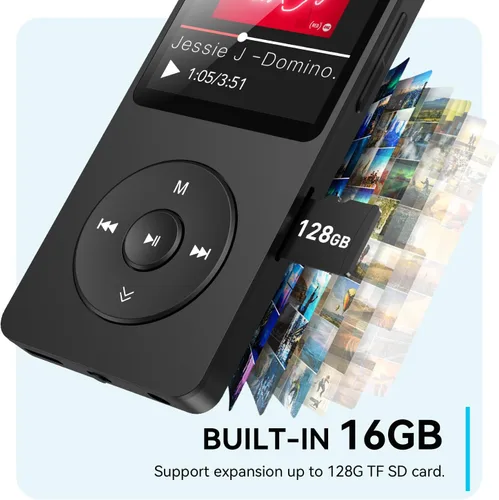 Vista 4 de AGPTEK Reproductor MP3 A02 con Bluetooth 5.3, pantalla de 1.8 pulgadas, reproductor de música portátil con altavoz, radio FM, grabadora de voz Negro