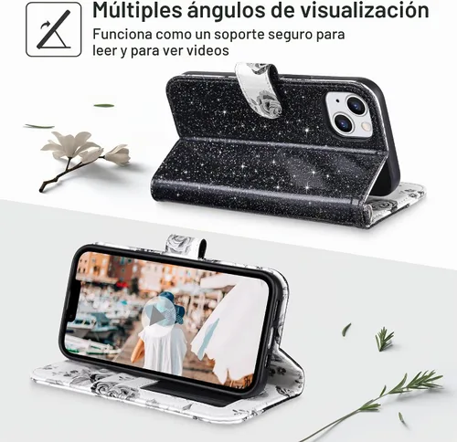 Vista 2 de ULAK Compatible con iPhone 13 Funda tipo cartera para mujer, funda tipo billetera de piel PU con tarjetero y función de caballete, funda protectora