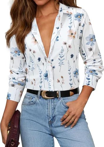 Vista 15 de siliteelon Camisas con botones para mujer, camisa de vestir de algodón de manga larga con cuello, camisa de negocios, trabajo, oficina, blusa
