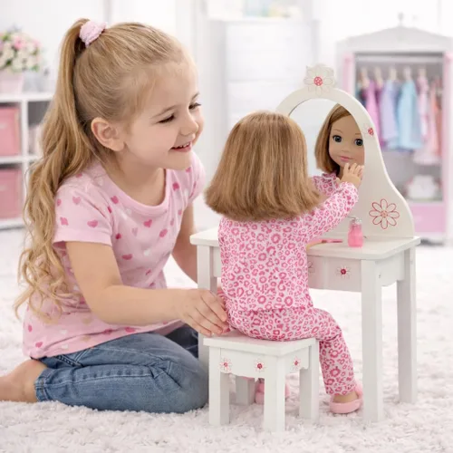 Vista 2 de Juego de tocador de muñeca de 18 pulgadas con cajón de espejo y taburete de almacenamiento, muebles de muñeca de madera para muñecas americanas