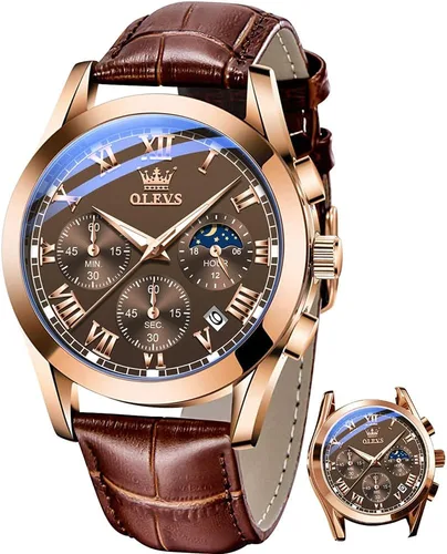 Vista 18 de OLEVS Watch for Men Chronograph Brown Leather Analog Quartz Fashion Business Dress Large Face Men Watch Day Date Luminous Waterproof Casual Male