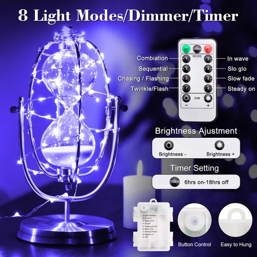 Vista 3 de Paquete de 2 luces LED negras de 16.4 pies, 50 luces LED de hadas UV, funciona con pilas con control remoto y temporizador, 8 modos de luces UV