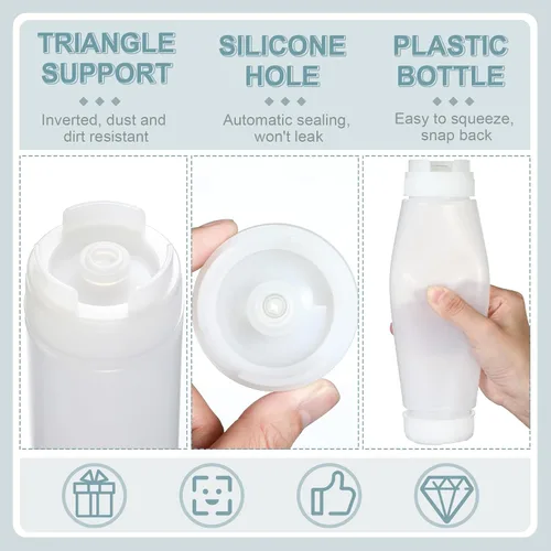 Vista 5 de Sabary 6 botellas exprimibles de condimentos de 16 onzas para salsa, botellas de plástico invertidas con calcomanías y embudo, válvula grande sin