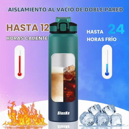 Vista 4 de SLUXKE Botella de agua de 24 onzas aislada con pajilla, botella de agua de acero inoxidable 18/8 de doble pared con correa de transporte, botella