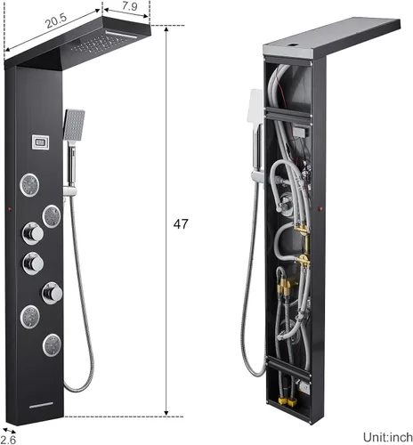 Vista 8 de Sistema de torre de paneles de ducha LED, sistema de panel de ducha de baño de acero inoxidable SUS304 con 4 chorros de cuerpo, lluvia, cascada