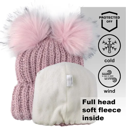 Vista 2 de Braxton Beanie - Gorro de lana para mujer, con 2 orejas de pompón, de punto trenzado, para invierno, para esquí al aire libre