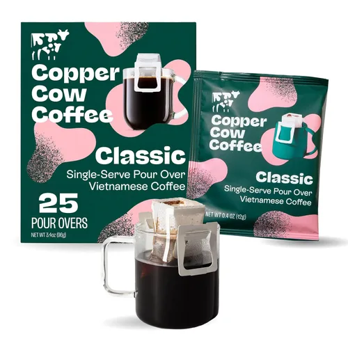 Vista 13 de Copper Cow Coffee Café vietnamita premium para verter sobre una sola porción Paquete variado de Best Brews (incluye 5 cafés), negro clásico