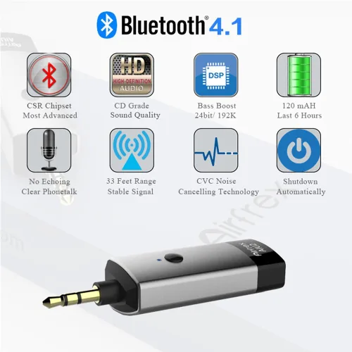 Vista 6 de Adaptador Bluetooth de coche para audio de coche, receptor inalámbrico Bluetooth Kit de coche para altavoz estéreo del hogar, adaptador auxiliar