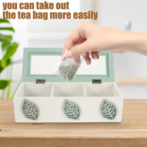 Vista 7 de Wood Tea Box with Lid, 3 Compartment Tea Bag Organizer Xmas