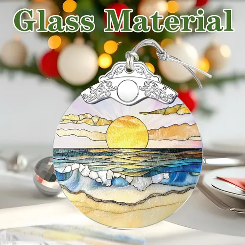 Vista 4 de Adorno de Vidrio Manchado de Puesta de Sol en la Playa, Adorno Navideño – Decoración de Árbol de Navidad, Decoración Festiva, Relleno de Calceti