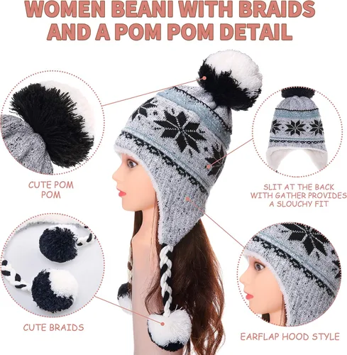 Vista 2 de Gorro invernal Dosoni para mujer, de punto, con orejeras, suave, cálido y acogedor, diseño de copos de nieve