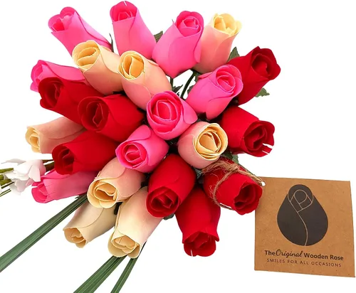 Vista 14 de Ramos originales de rosas de madera en 1, 2, o 3 docenas, Madera de abedul, Todo rojo, 1 Docena