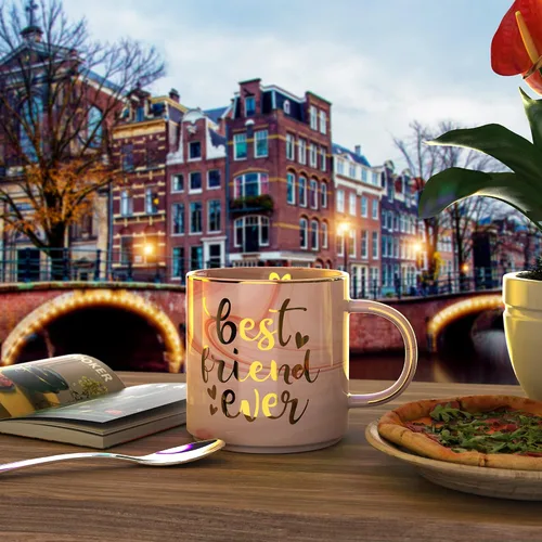Vista 7 de Regalos para mejores amigas para mujeres, taza de café de mármol de cerámica rosa de 11.5 onzas con llavero - BFF Friend Ever - Regalos divertidos