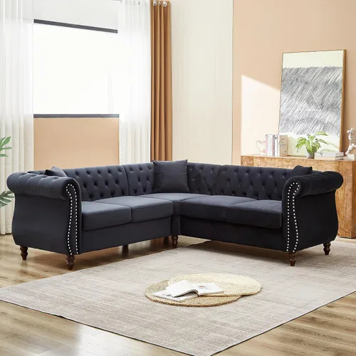 Vista 16 de Juego de Sofá Combinado de Terciopelo Chesterfield de 2 Piezas para Sala de Estar, Sofá de 3 Plazas y Loveseat con Tapizado Capitoné con 4