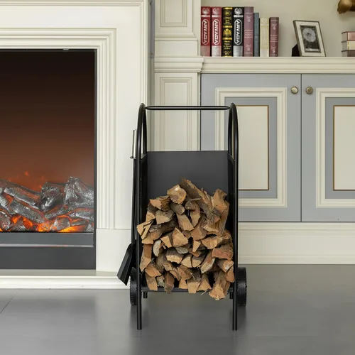 Vista 3 de Carrito de leña para patio interior y exterior, con ruedas y juego de herramientas para chimenea, color negro