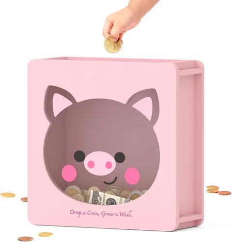 Vista 10 de Summidate Caja de ahorro de dinero de madera, caja de ahorro de ventana transparente con calcomanías de bricolaje, alcancía de oso personalizada