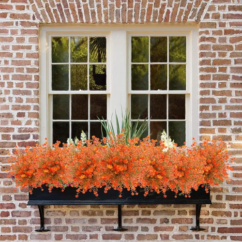Vista 9 de Uieke 24 flores artificiales de otoño para exteriores, resistentes a los rayos UV, plantas de otoño sintéticas, arbustos que no se decoloran, Naranja