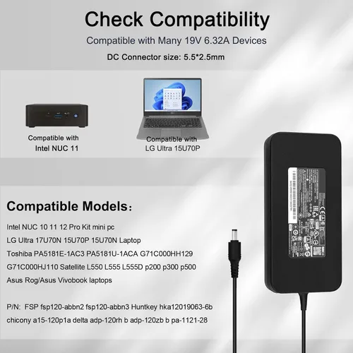 Vista 4 de Cargador de 120 W 6.32 A compatible con Intel Nuc 10 11 12 13 14 Pro Kit Mini PC LG 17U70N 15U70P FSP120-ABBN2 A15-120P1A ADP-120RH B ADP-120ZB B