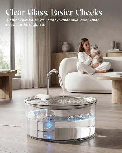 Vista 4 de Tomxcute Glass Cat Water Fountain - 108oz/3.2L Ultra-Quiet Cat Fountain for Drinking, Elegant Easy to Clean Glass Pet Water Fountain for Cats, Small