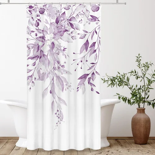 Vista 69 de Tititex - Juego de cortinas de ducha de eucalipto negro, hojas de acuarela gris en la parte superior, con decoración floral de baño, 60 x 72