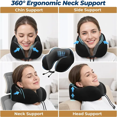 Vista 4 de ExploreBliss Almohada de viaje, almohadas de viaje para dormir en avión, almohada cervical de avión, juego de almohada de espuma viscoelástica